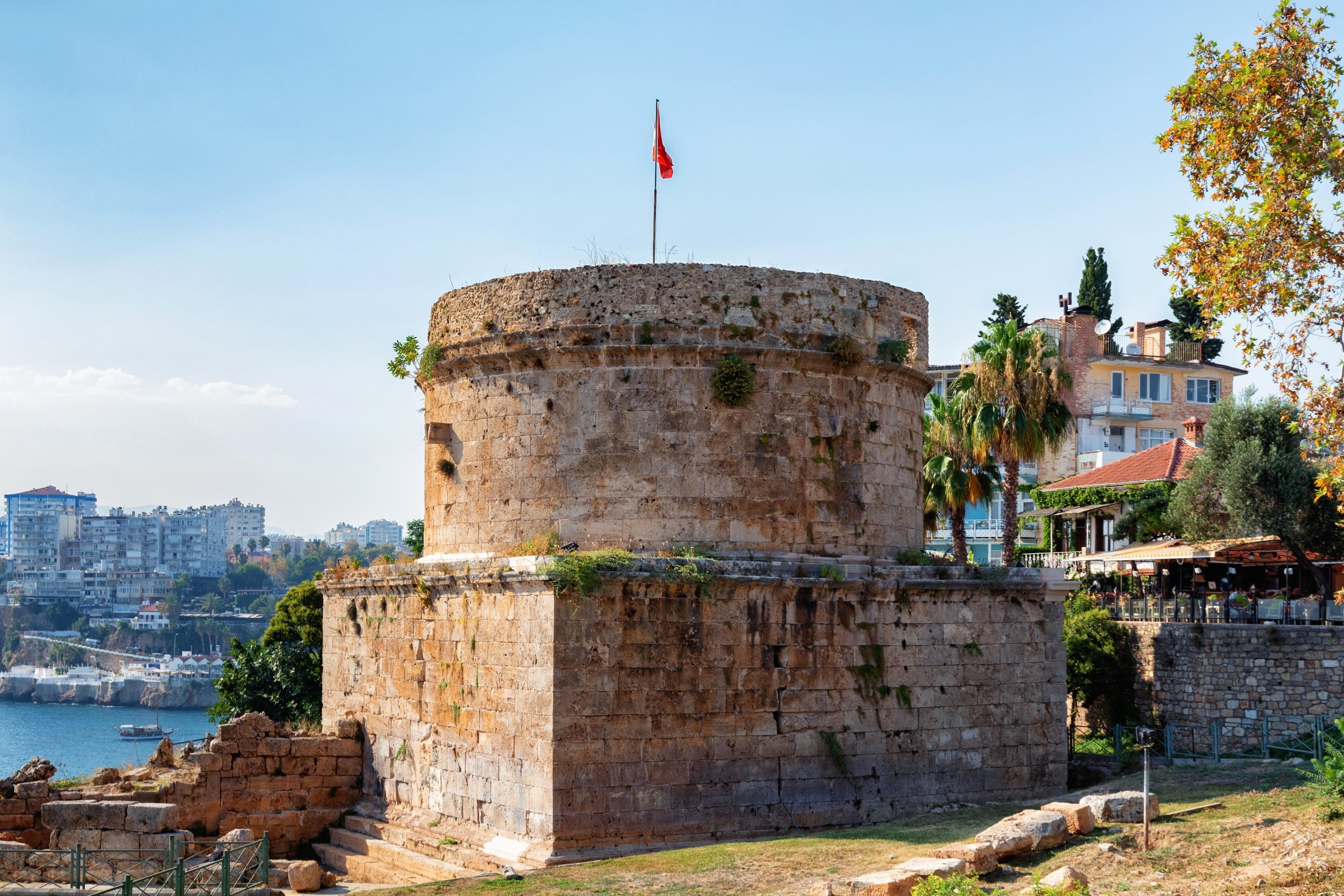 View of the Hıdırlık Tower in Antalya, Turkey. It is believed that the ruling Roman Empire built it in the second century CE. It has since been used as a fortification or a lighthouse.